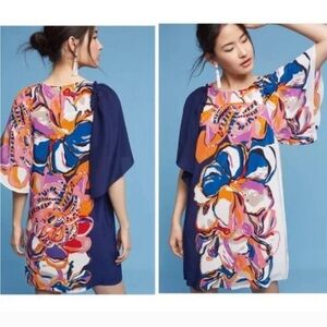 Anthropologie Maeve Vero Floral Silk Multicolor Shift Summer Dress Flowy Sleeve